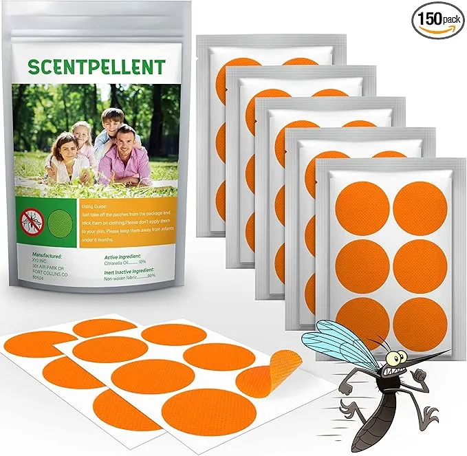 150 Pack Mosquito Stickers for Kids and Adults, Deet Free Natural Citronella Mosquito Patches for Indoor Outdoor Traveling Camping Hiking, Orange