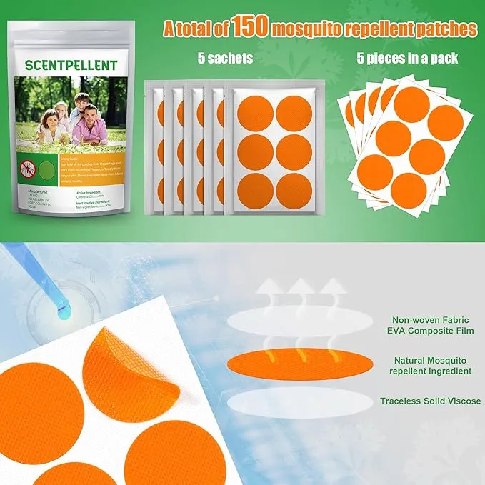 150 Pack Mosquito Stickers for Kids and Adults, Deet Free Natural Citronella Mosquito Patches for Indoor Outdoor Traveling Camping Hiking, Orange