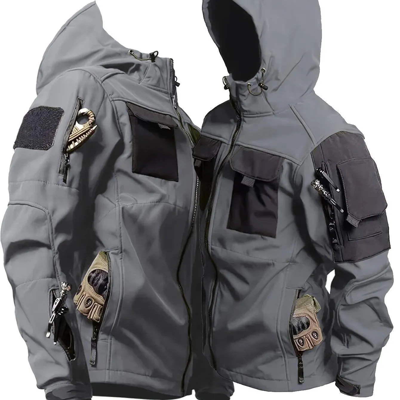 1pc Men'S Tactical Soft Shell Jacket, Scratch-Resistant Hooded Coat with Pockets for Hiking, Fishing, Street - Polyester, Non-Stretch, Solid Color, Long Sleeve, Zippered, Regular Fit for Teens & Adults