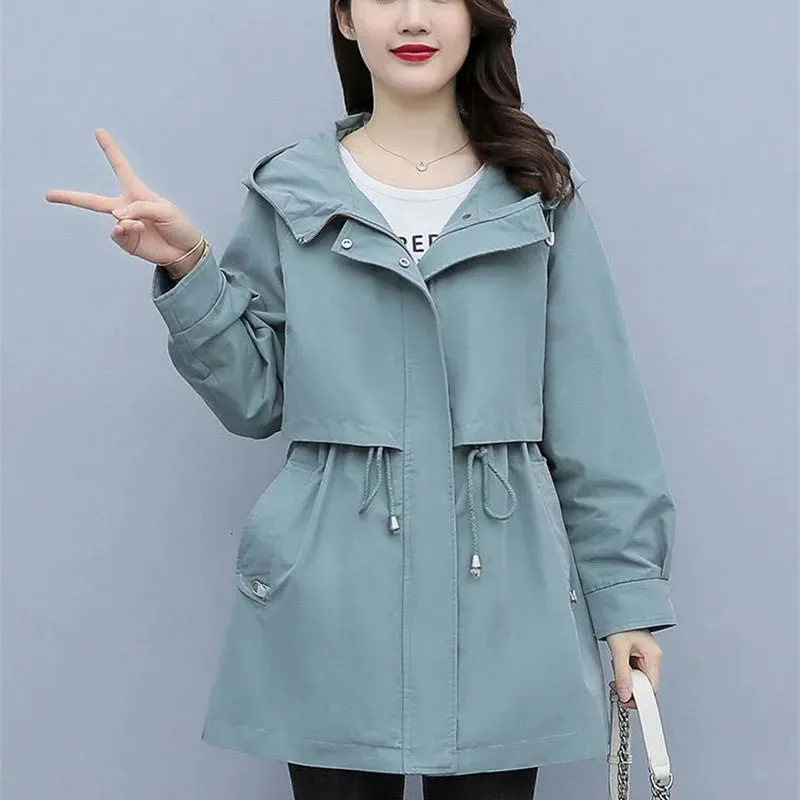 2023 Safari Style Hooded Trench Coat Women Loose Windbreaker Cloak Coat Spring Autumn Fashion Lady Outerwear Casual Tops Trench