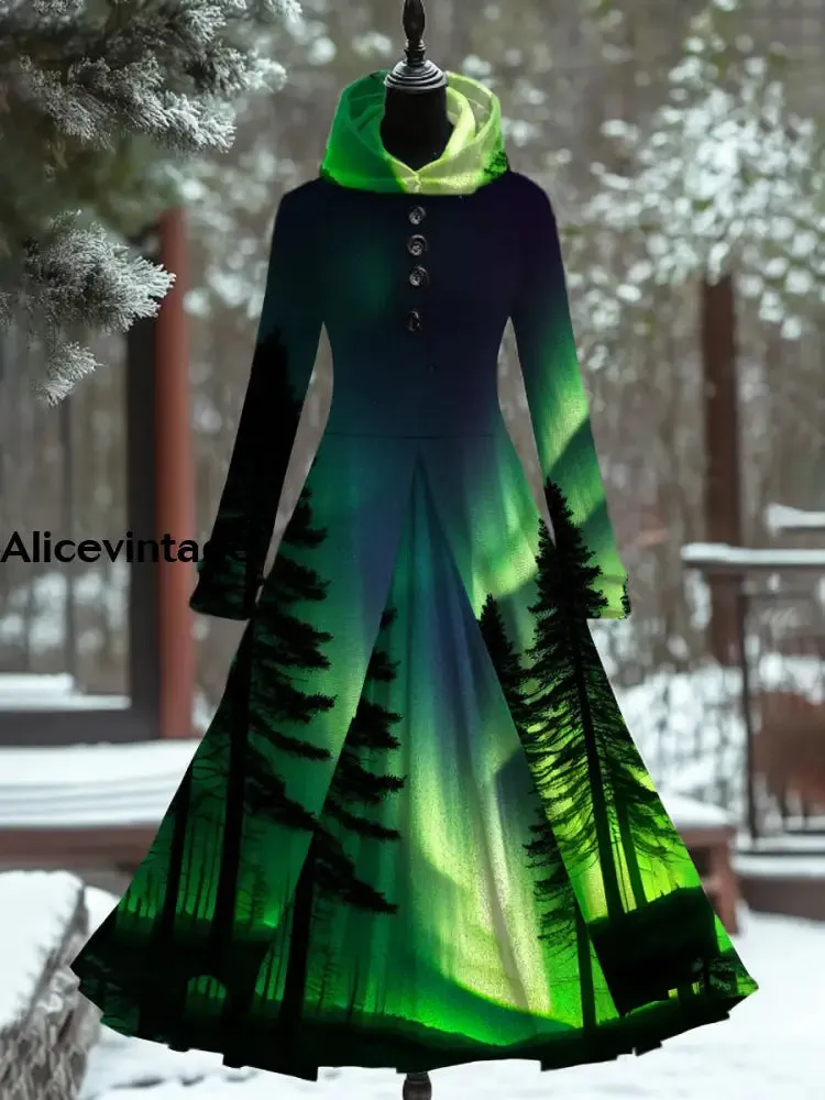 Aurora Art Print Vintage Elegant Long Sleeve Maxi Dress Fake Two Piece Dress
