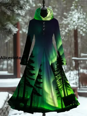 Aurora Art Print Vintage Elegant Long Sleeve Maxi Dress Fake Two Piece Dress