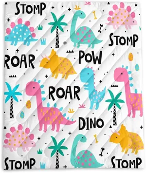Axolotl Colorful Dinosaur Camping Blanket,Plam Trees Dino Eggs Packable Outdoor Blanket,Wild Animal Theme Lightweight Puffy Camping Blanket,Roar Dino Travel Blanket for Traveling Picnic Cold Weather