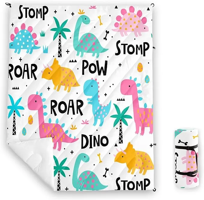 Axolotl Colorful Dinosaur Camping Blanket,Plam Trees Dino Eggs Packable Outdoor Blanket,Wild Animal Theme Lightweight Puffy Camping Blanket,Roar Dino Travel Blanket for Traveling Picnic Cold Weather