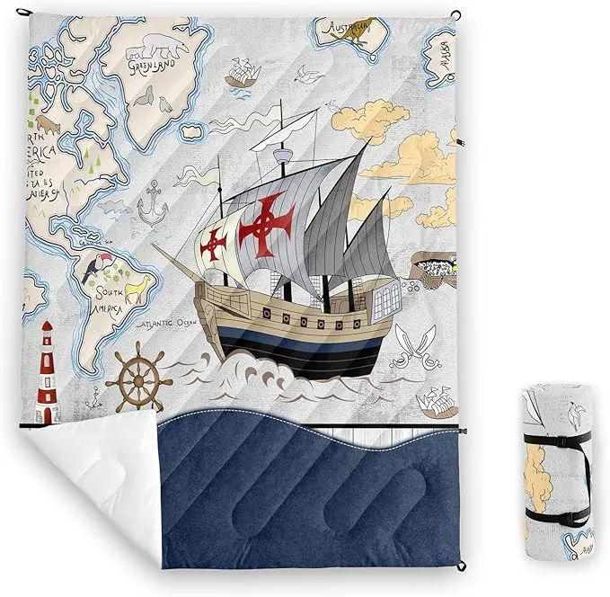 Axolotl Nautical Camping Blanket,Sailboat World Map Packable Outdoor Blanket,Sailing Anchor Lightweight Waterproof Camping Blanket,Ocean Themed Outdoor Blanket for Picnic Hiking Traveling Cold Weather