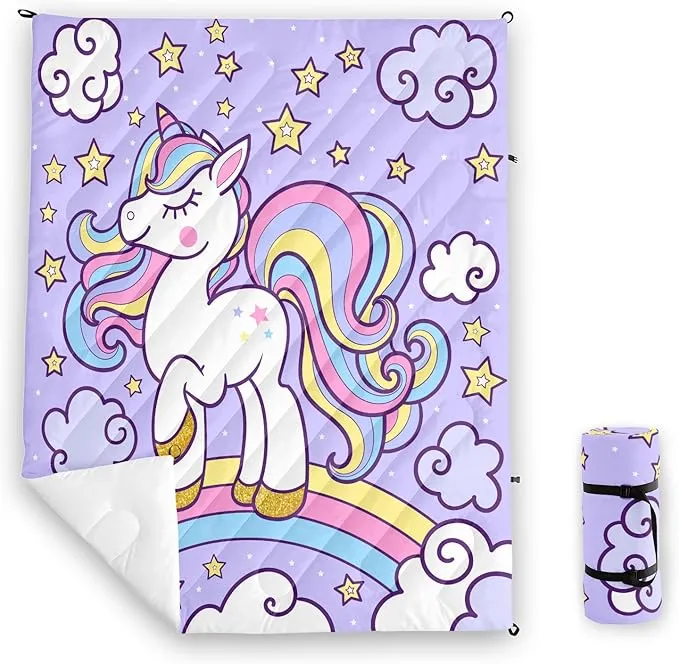 Axolotl Purple Unicorn Warm Puffy Camping Blanket,Lightweight Rainbow Cloud Printed Packable Outdoor Blanket,Gloden Star Outdoor Camping Blanket Backpacking for Traveling Picnic Beach Cold Weather