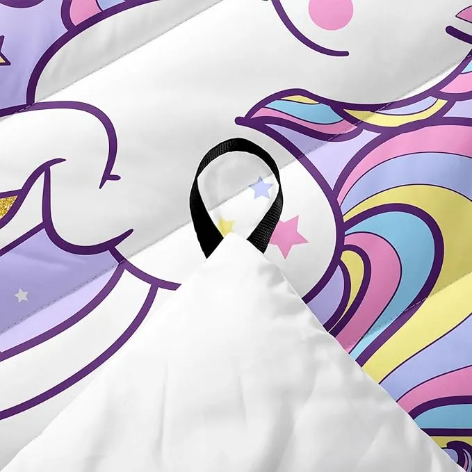 Axolotl Purple Unicorn Warm Puffy Camping Blanket,Lightweight Rainbow Cloud Printed Packable Outdoor Blanket,Gloden Star Outdoor Camping Blanket Backpacking for Traveling Picnic Beach Cold Weather
