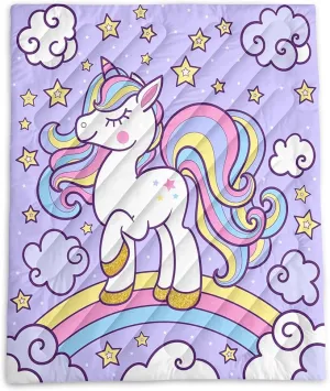 Axolotl Purple Unicorn Warm Puffy Camping Blanket,Lightweight Rainbow Cloud Printed Packable Outdoor Blanket,Gloden Star Outdoor Camping Blanket Backpacking for Traveling Picnic Beach Cold Weather