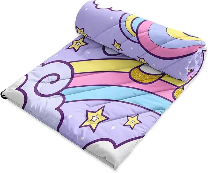 Axolotl Purple Unicorn Warm Puffy Camping Blanket,Lightweight Rainbow Cloud Printed Packable Outdoor Blanket,Gloden Star Outdoor Camping Blanket Backpacking for Traveling Picnic Beach Cold Weather