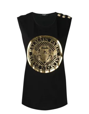 Balmain Black/ Gold Logo Printed Sleeveless T-Shirt sz EU44