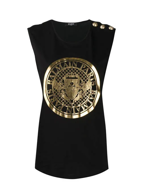 Balmain Black/ Gold Logo Printed Sleeveless T-Shirt sz EU44