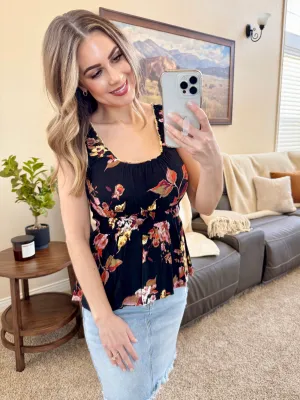 Black Smocked Babydoll Top In Dark Florals