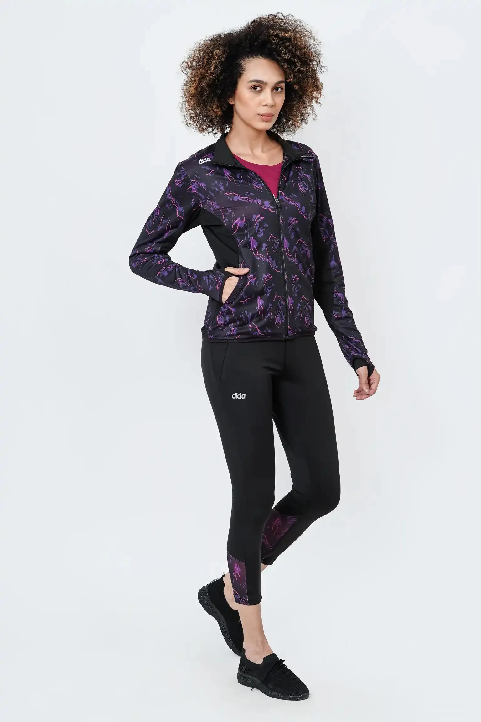 Breathable Printed Stretchable Gym Track Suit (Black Magenta) - Women