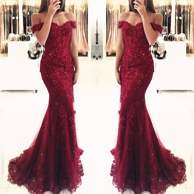 Burgundy Lace Prom Dresses Mermaid Appliques Off-the-shoulder
