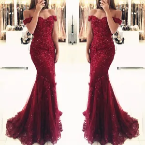 Burgundy Lace Prom Dresses Mermaid Appliques Off-the-shoulder