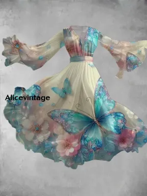 Butterfly Art Print Vintage V-Neck Long Sleeve Flowy Midi Dress