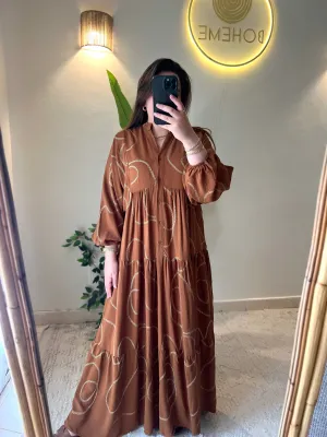 Camel Embroidered Cotton Wide Dress