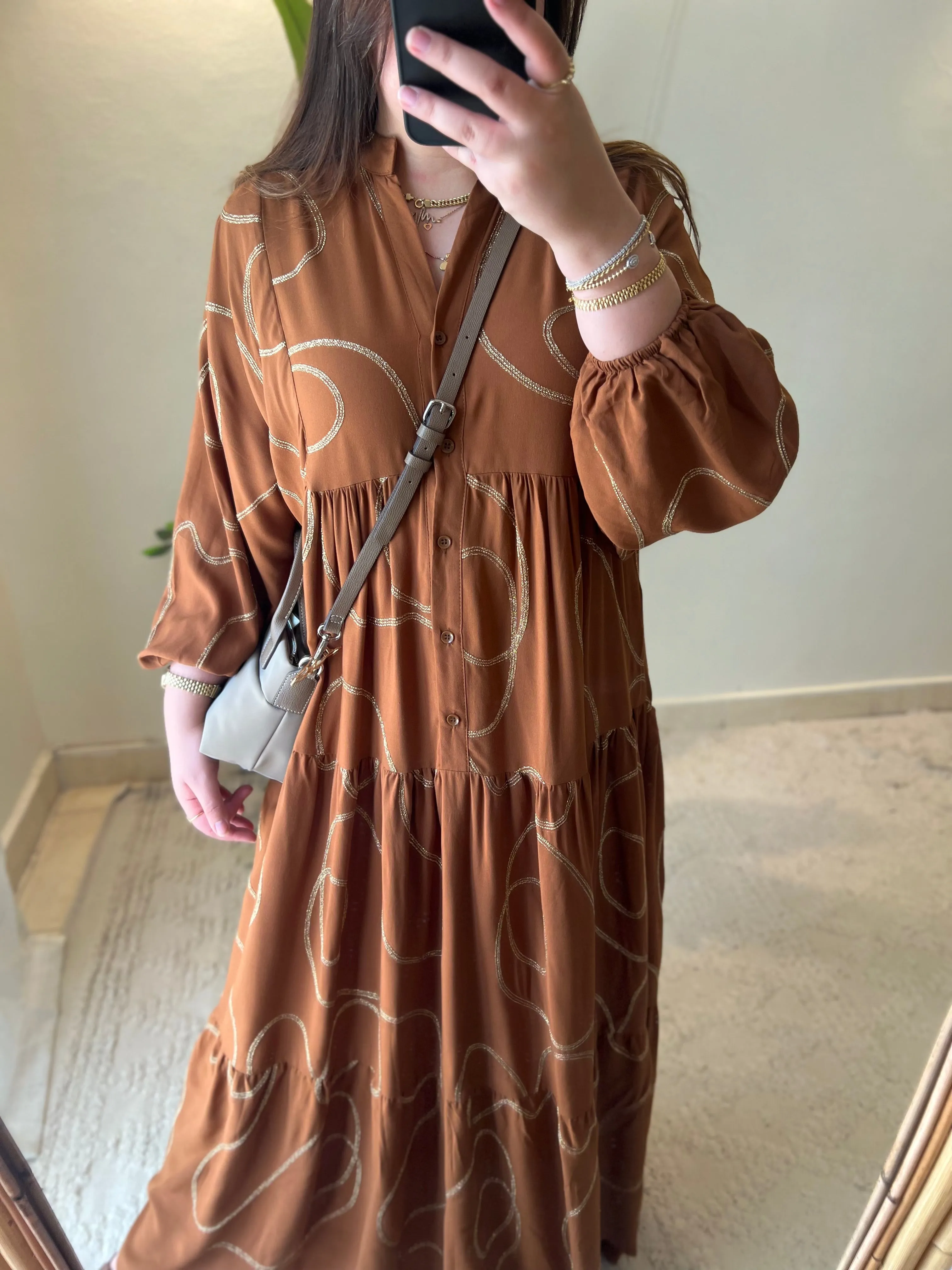 Camel Embroidered Cotton Wide Dress