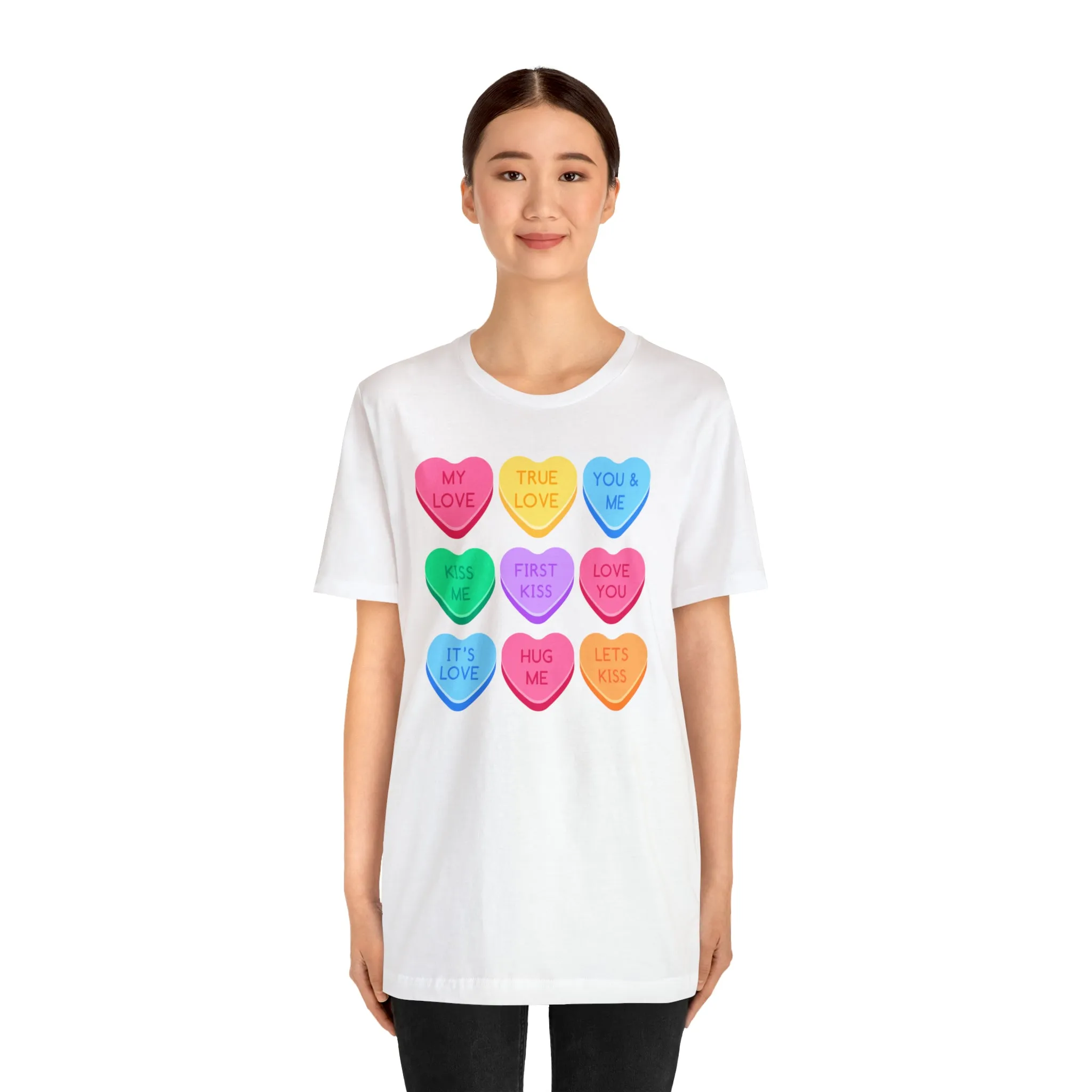 Candy Hearts Colorful T-Shirt | Sweetheart Love Tee |  Bella Canvas 3001 Unisex | Happy Valentine's Day Short Sleeve Tshirt
