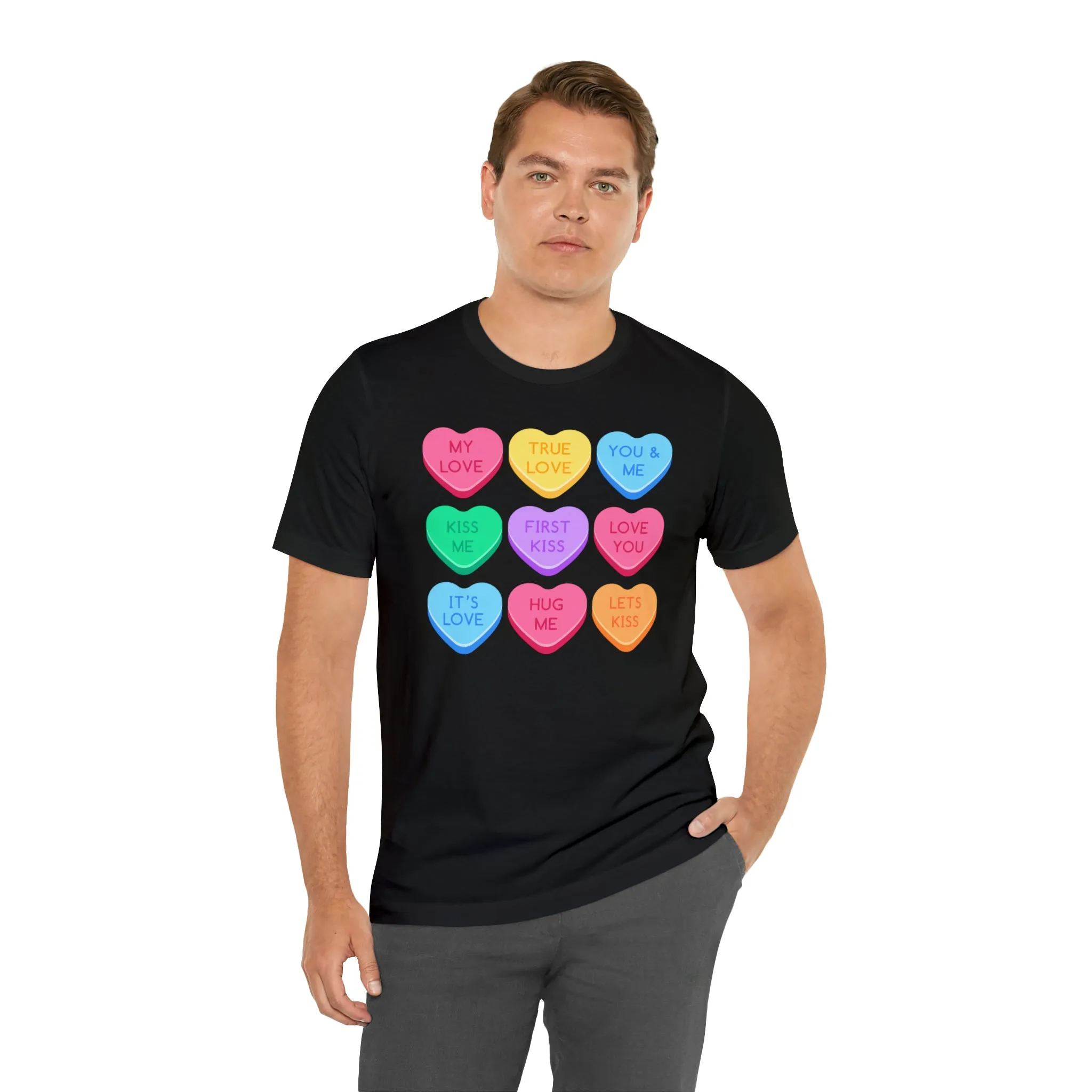 Candy Hearts Colorful T-Shirt | Sweetheart Love Tee |  Bella Canvas 3001 Unisex | Happy Valentine's Day Short Sleeve Tshirt