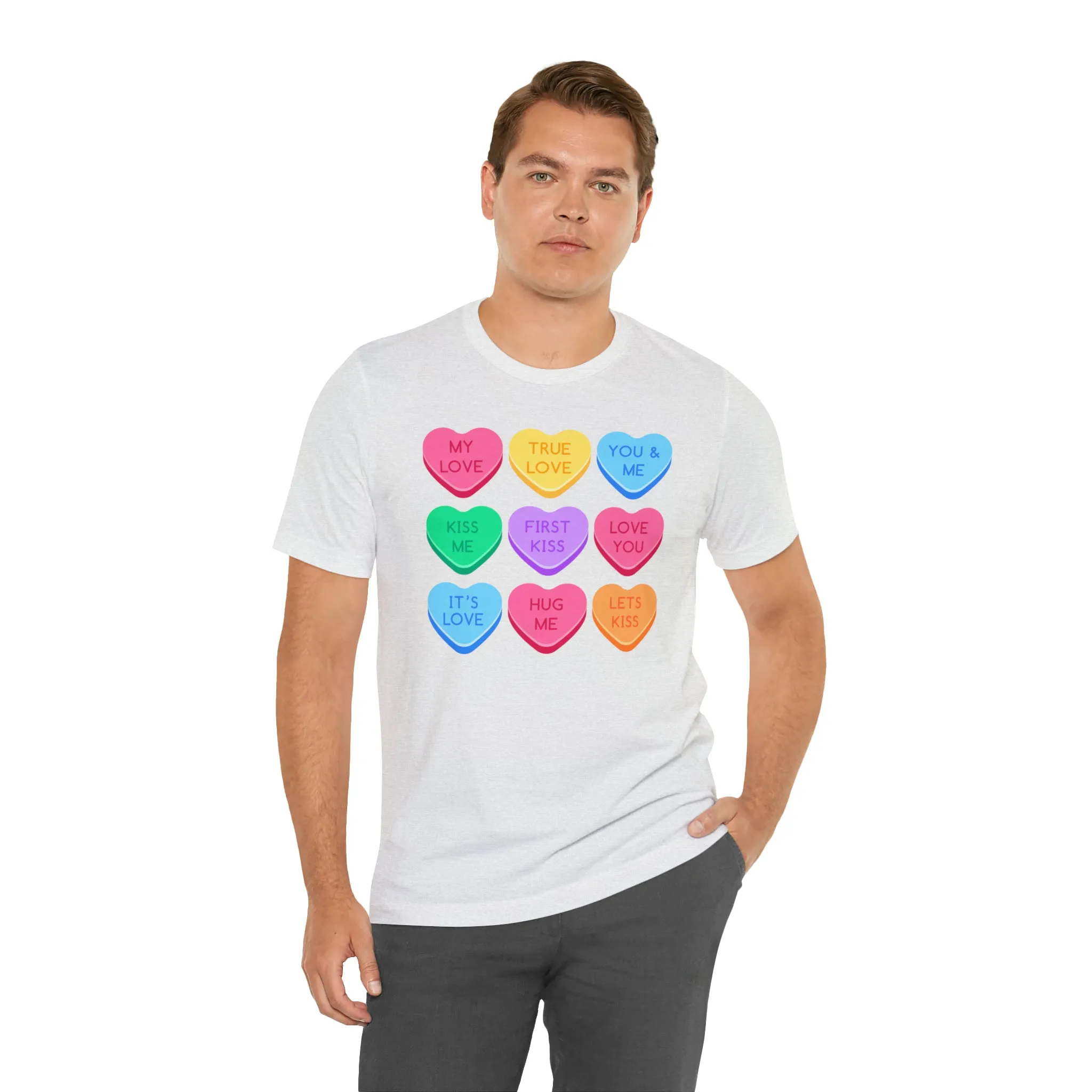 Candy Hearts Colorful T-Shirt | Sweetheart Love Tee |  Bella Canvas 3001 Unisex | Happy Valentine's Day Short Sleeve Tshirt