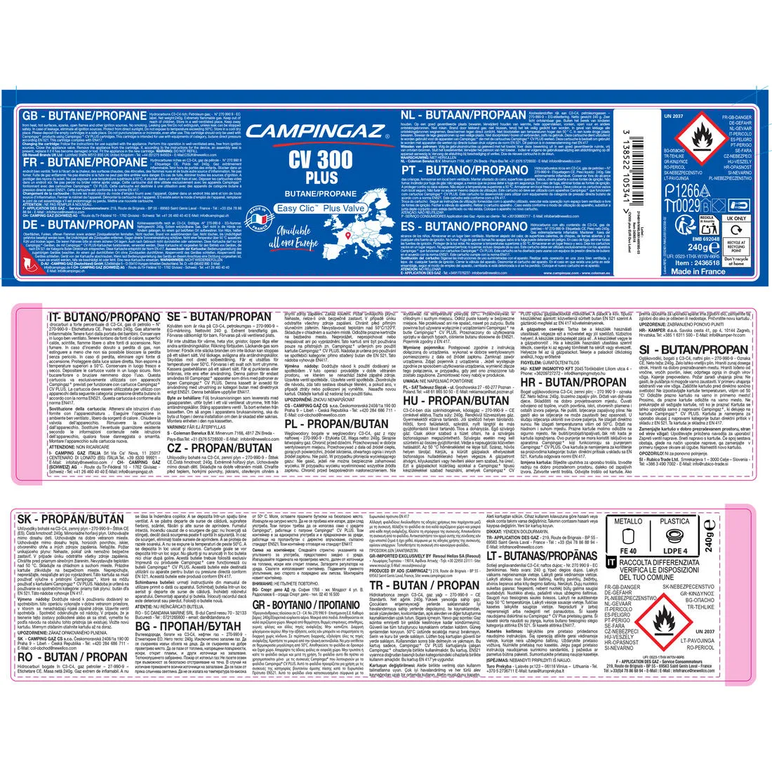Cartouche de gaz à valve CV 300  pour réchaud à valve (240 grammes)