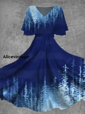 Christmas Art Print V-Neck Short Sleeve Vintage Midi Dress