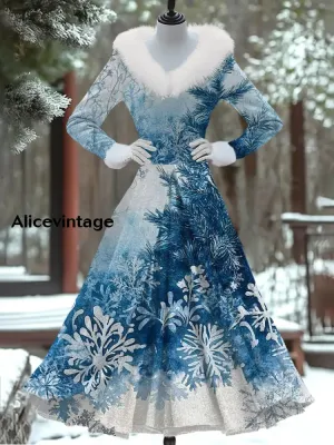 Christmas Art Print Vintage Elegant Fur Collar Long Sleeve Fake Two Piece Dress