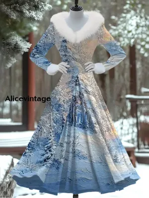 Christmas Art Print Vintage Elegant Fur Collar Long Sleeve Fake Two Piece Dress