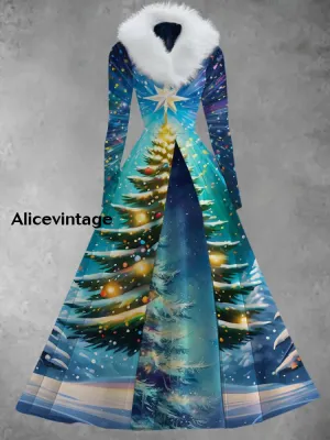 Christmas Art Print Vintage Elegant V-Neck Fur Collar Long Sleeve Midi Dress