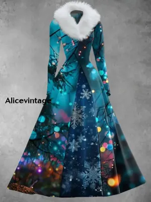 Christmas Light Art Print Vintage Elegant V-Neck Fur Collar Long Sleeve Midi Dress