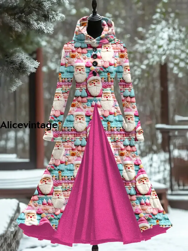 Christmas Santa Claus Art Print Vintage Elegant Long Sleeve Maxi Dress Fake Two Piece Dress