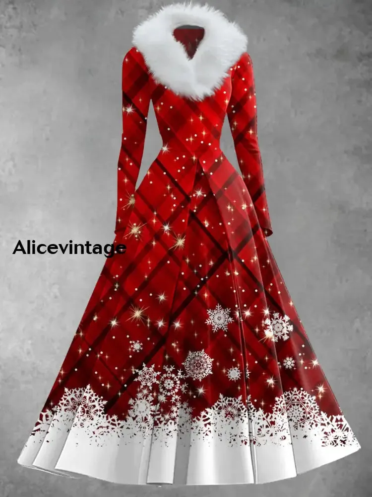 Christmas Snowflake Art Print Retro Elegant Long Sleeve Fake Two-Piece Maxi Dress