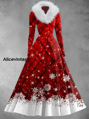Christmas Snowflake Art Print Retro Elegant Long Sleeve Fake Two-Piece Maxi Dress