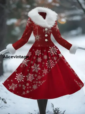 Christmas Snowflake Art Print Vintage Elegant Fur Collar Long Sleeve Midi Dress