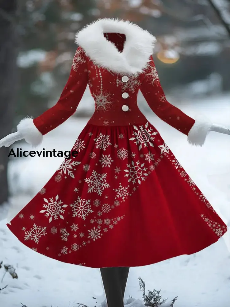 Christmas Snowflake Art Print Vintage Elegant Fur Collar Long Sleeve Midi Dress