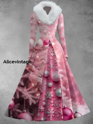 Christmas Snowflake Print Vintage Elegant Long Sleeve Maxi Dress Fake Two-Piece Dress