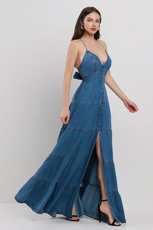 DENIM O-RING BACK DETAILED TIERED MAXI DRESS