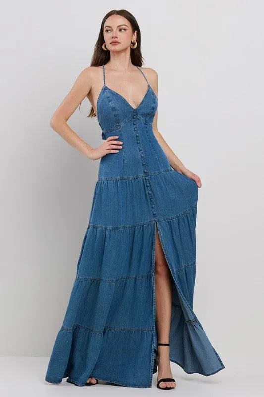 DENIM O-RING BACK DETAILED TIERED MAXI DRESS