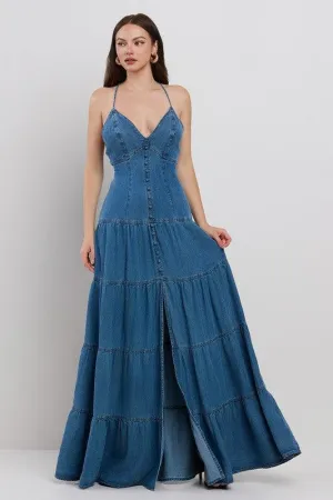 DENIM O-RING BACK DETAILED TIERED MAXI DRESS