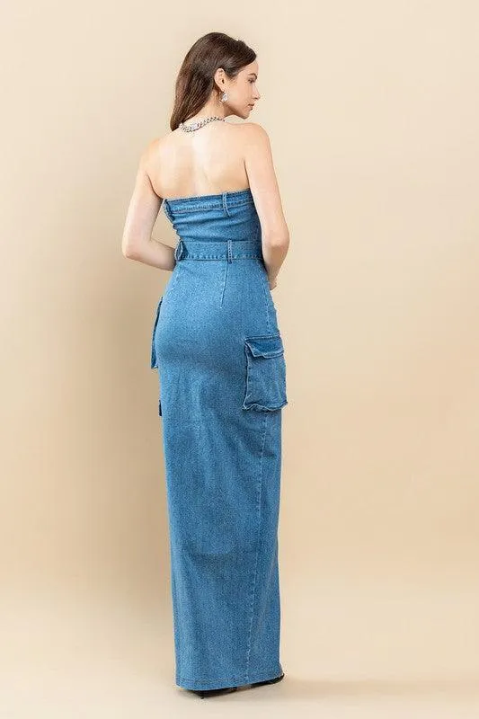DENIM TUBE FRONT SLIT MAXI DRESS
