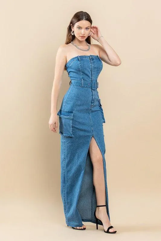 DENIM TUBE FRONT SLIT MAXI DRESS