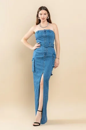 DENIM TUBE FRONT SLIT MAXI DRESS
