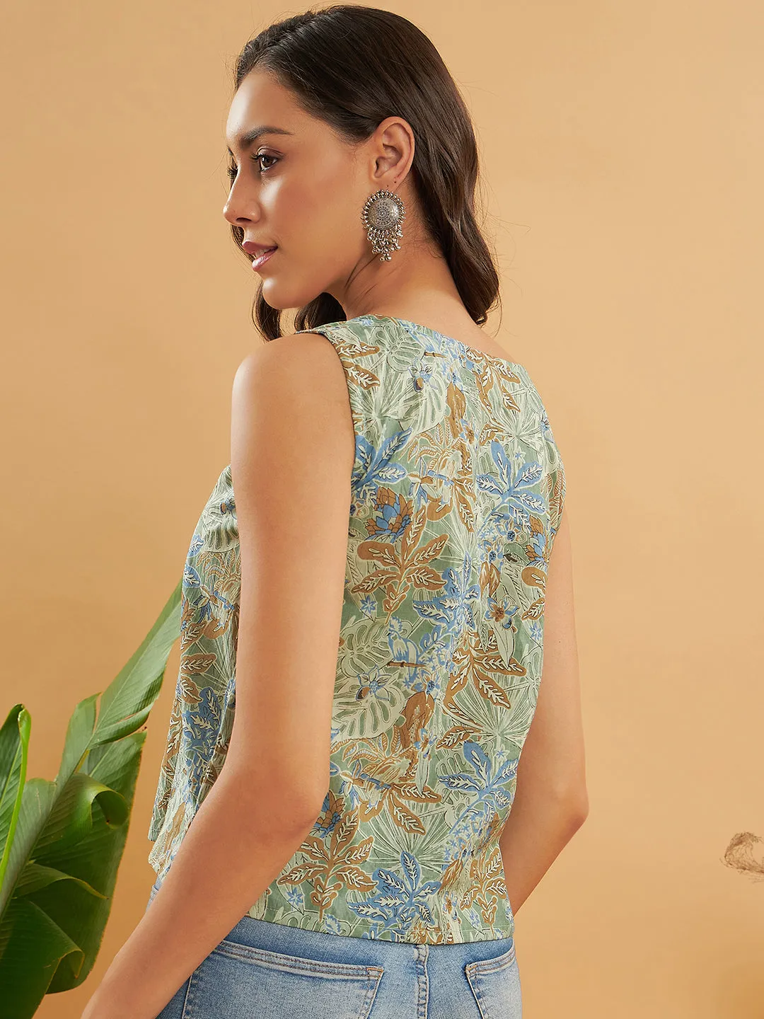 Dull Green Leaf Floral Print W/U Top