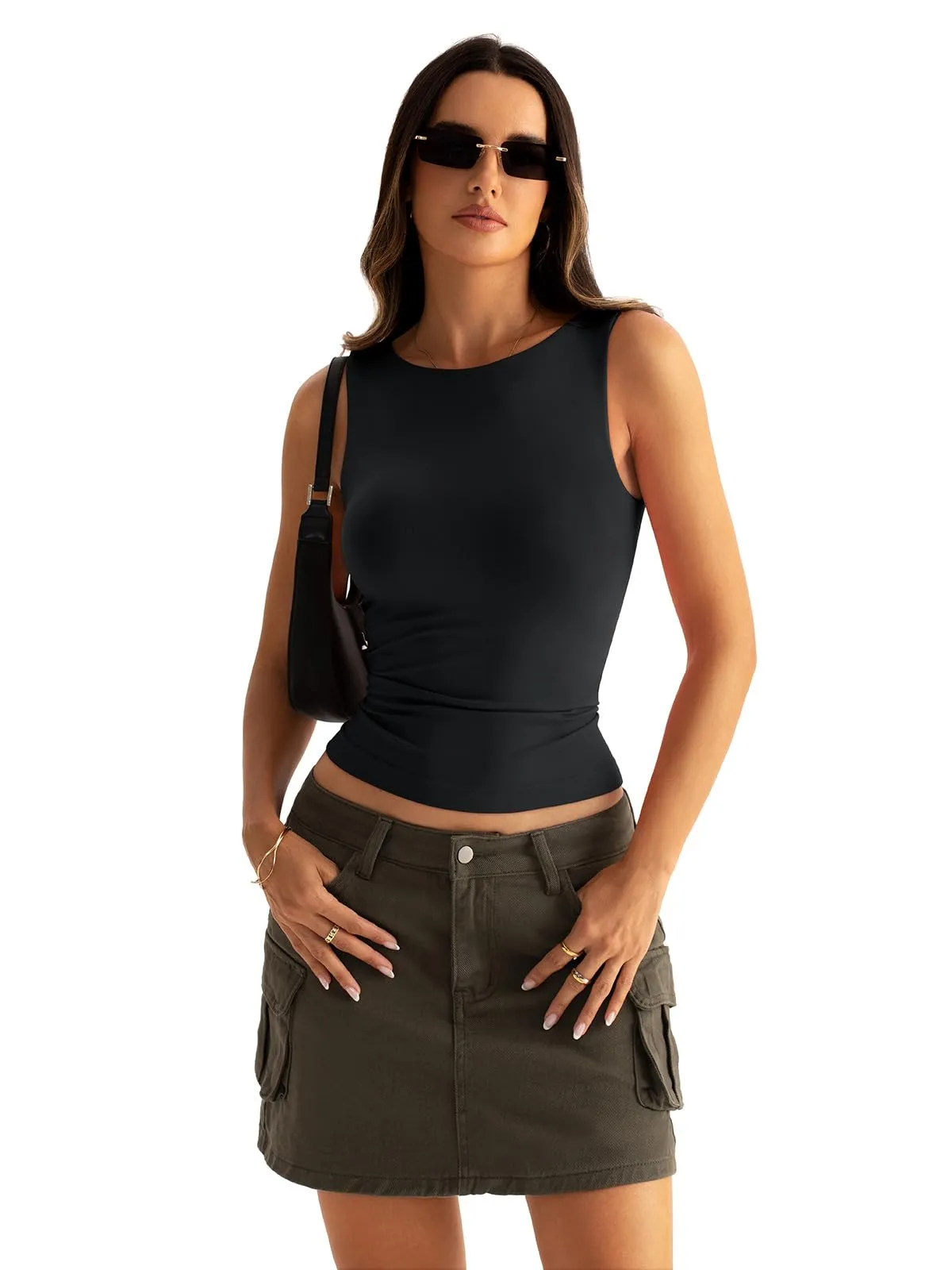 Eachyes Women Boat Neck Seamless Tank Tops with Built in Bra No Pads Sleeveless Casual Fitted Shirts Black