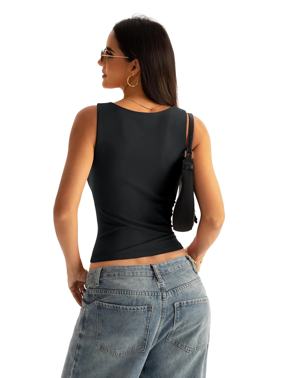 Eachyes Women Boat Neck Seamless Tank Tops with Built in Bra No Pads Sleeveless Casual Fitted Shirts Black