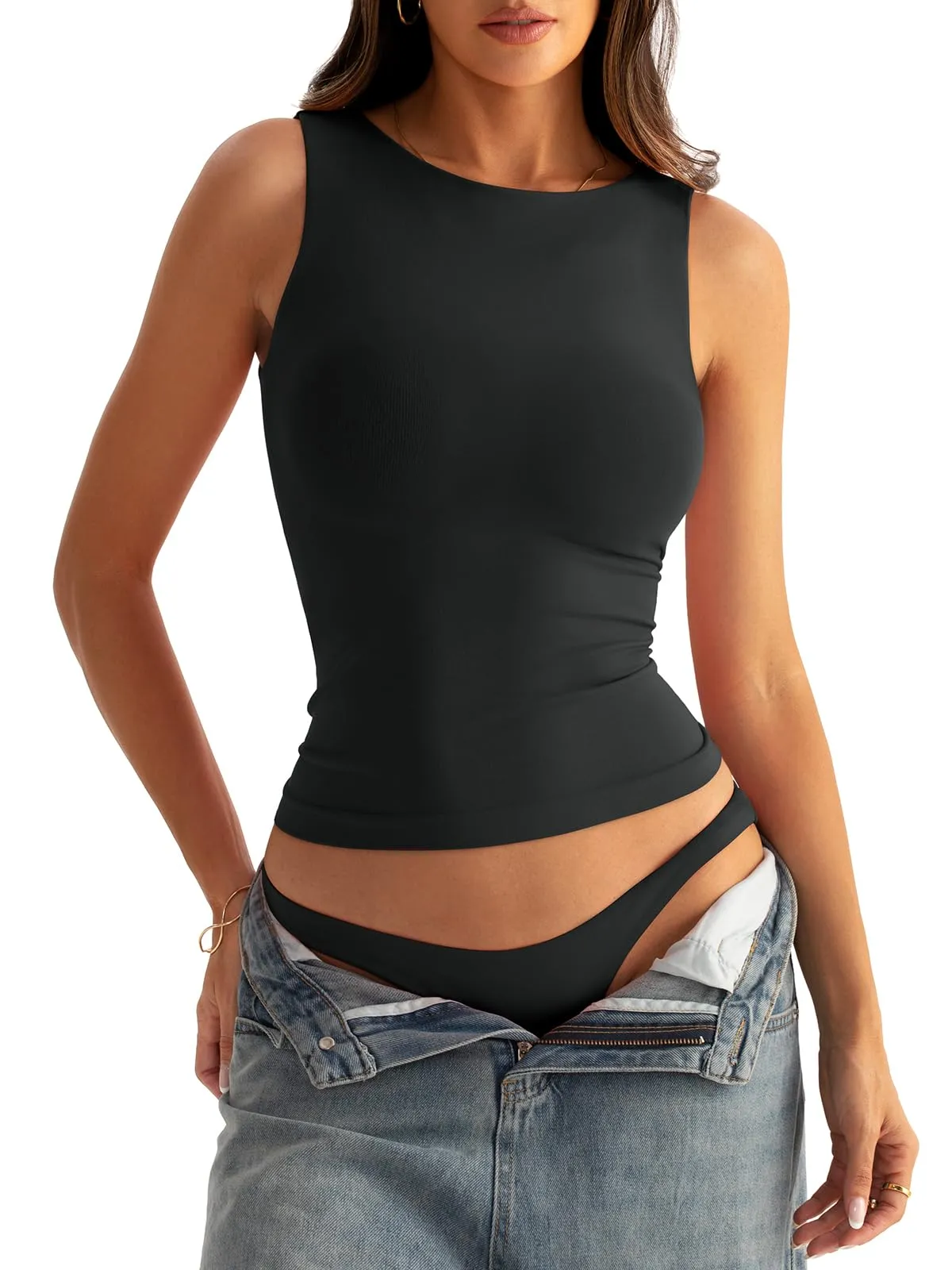 Eachyes Women Boat Neck Seamless Tank Tops with Built in Bra No Pads Sleeveless Casual Fitted Shirts Black
