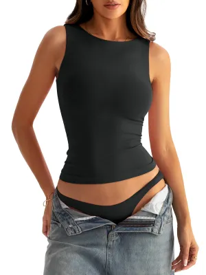 Eachyes Women Boat Neck Seamless Tank Tops with Built in Bra No Pads Sleeveless Casual Fitted Shirts Black