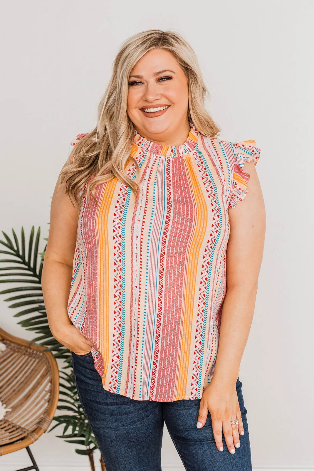 Eyes On Me Aztec Sleeveless Blouse Top- Coral
