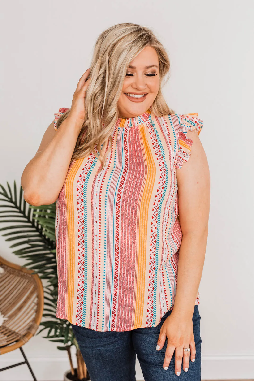 Eyes On Me Aztec Sleeveless Blouse Top- Coral
